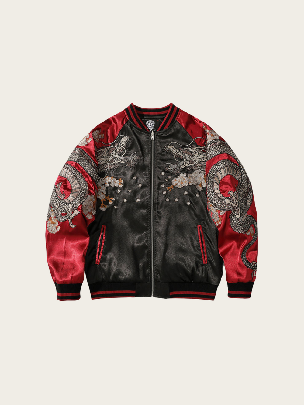 Black and red jacket with dragon designs on a beige background