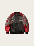 Black and red jacket with dragon designs on a beige background