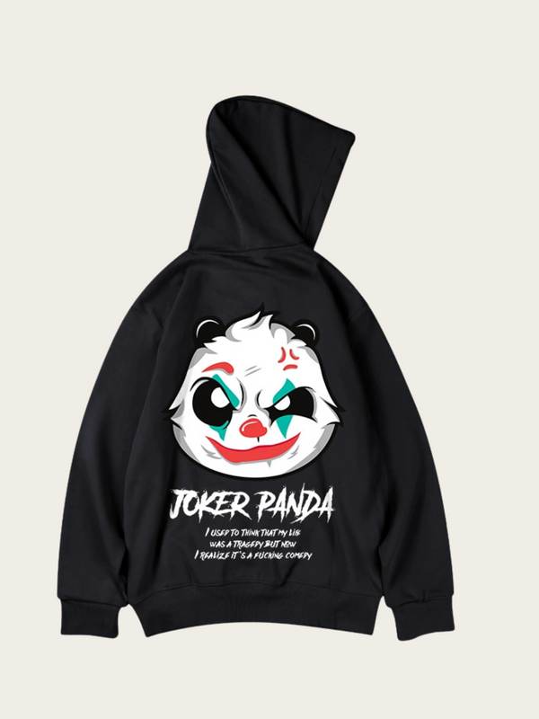 Black hoodie with a panda design inspired by the Joker on a beige background