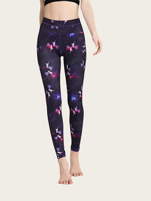 Person wearing dark purple leggings with fairy and star pattern on a white background