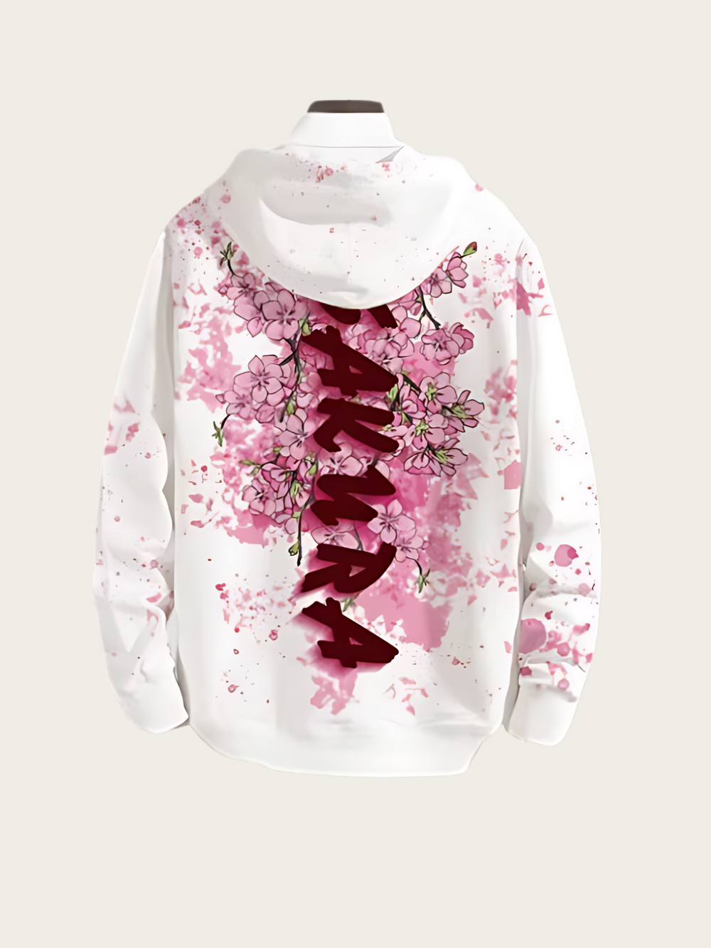 White hoodie with pink floral design and red text on a white background