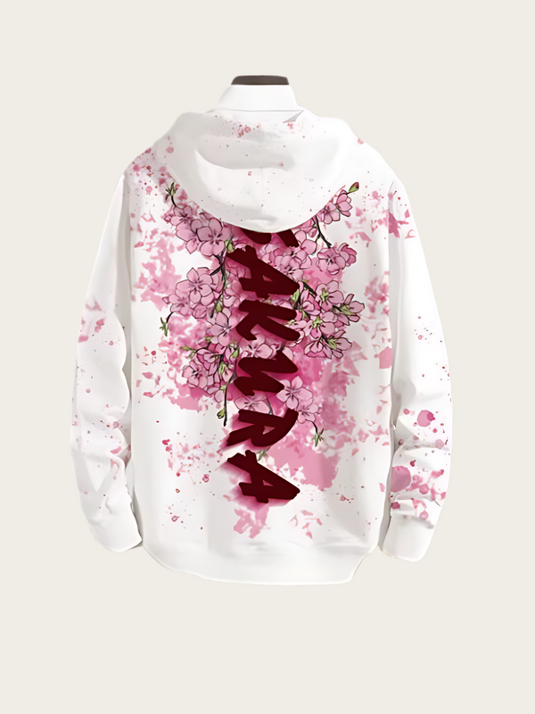 White hoodie with pink floral design and red text on a white background