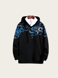 Black hoodie with blue and white pattern on a beige background