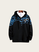 Black hoodie with blue and white pattern on a beige background