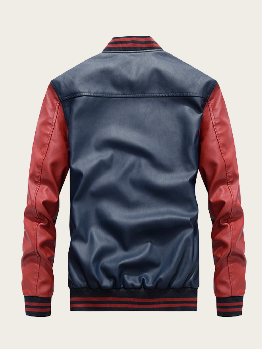 Blue and red varsity jacket on a beige background