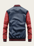 Blue and red varsity jacket on a beige background