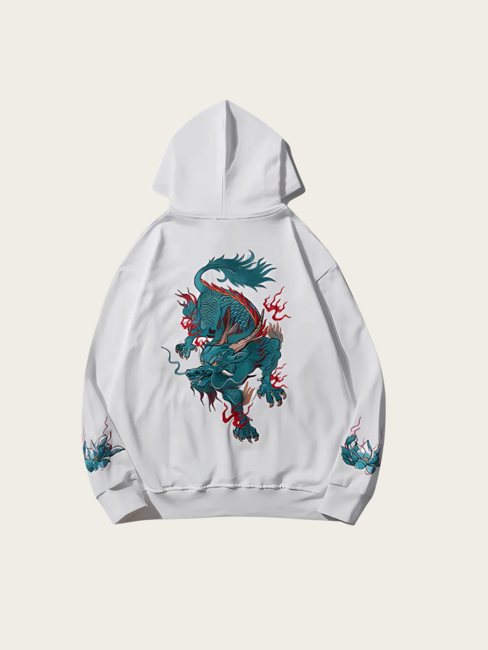 White hoodie with a dragon design on a light gray background