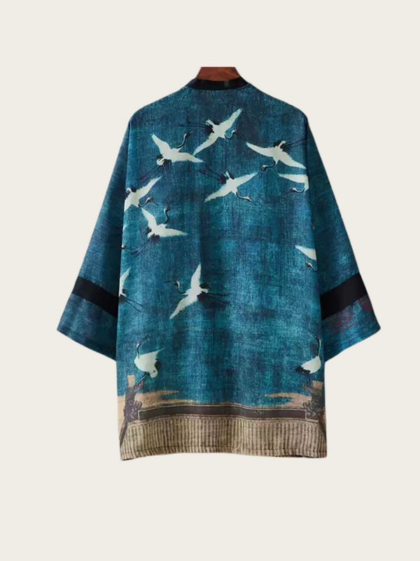 Blue Crane Print Kimono Cardigan – Traditional Japanese Haori Style