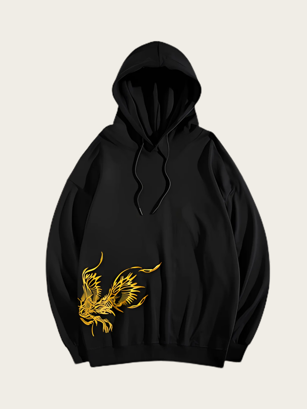 Black hoodie with a gold dragon design on a beige background