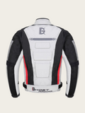 Back view of a black, white, and red motorcycle jacket with 'Ghost Racing' branding on a beige background.