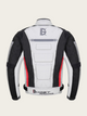 Back view of a black, white, and red motorcycle jacket with 'Ghost Racing' branding on a beige background.