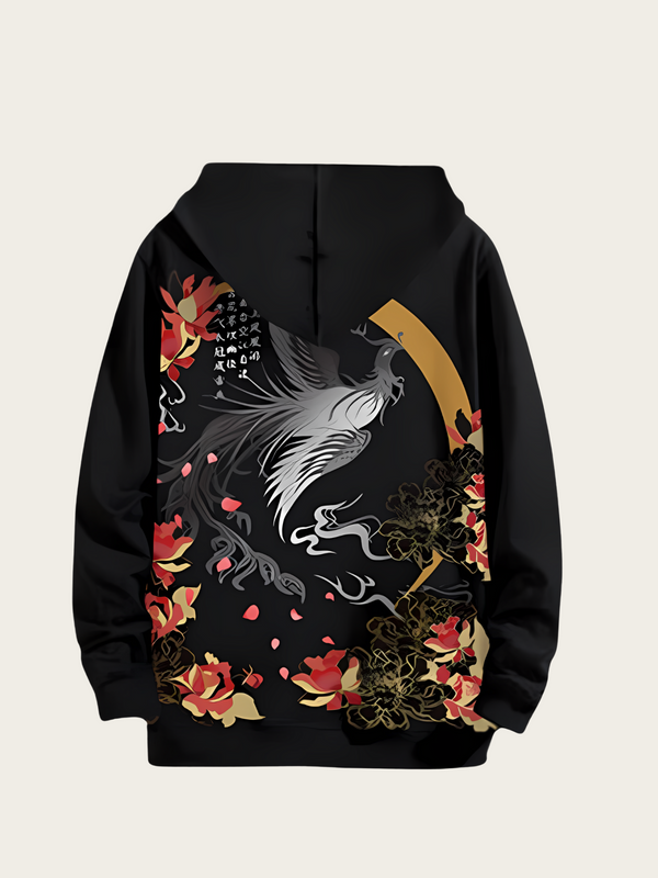 Black hoodie with a dragon and floral design on the back against a beige background