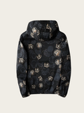 Black hoodie with gold and white pattern on a beige background