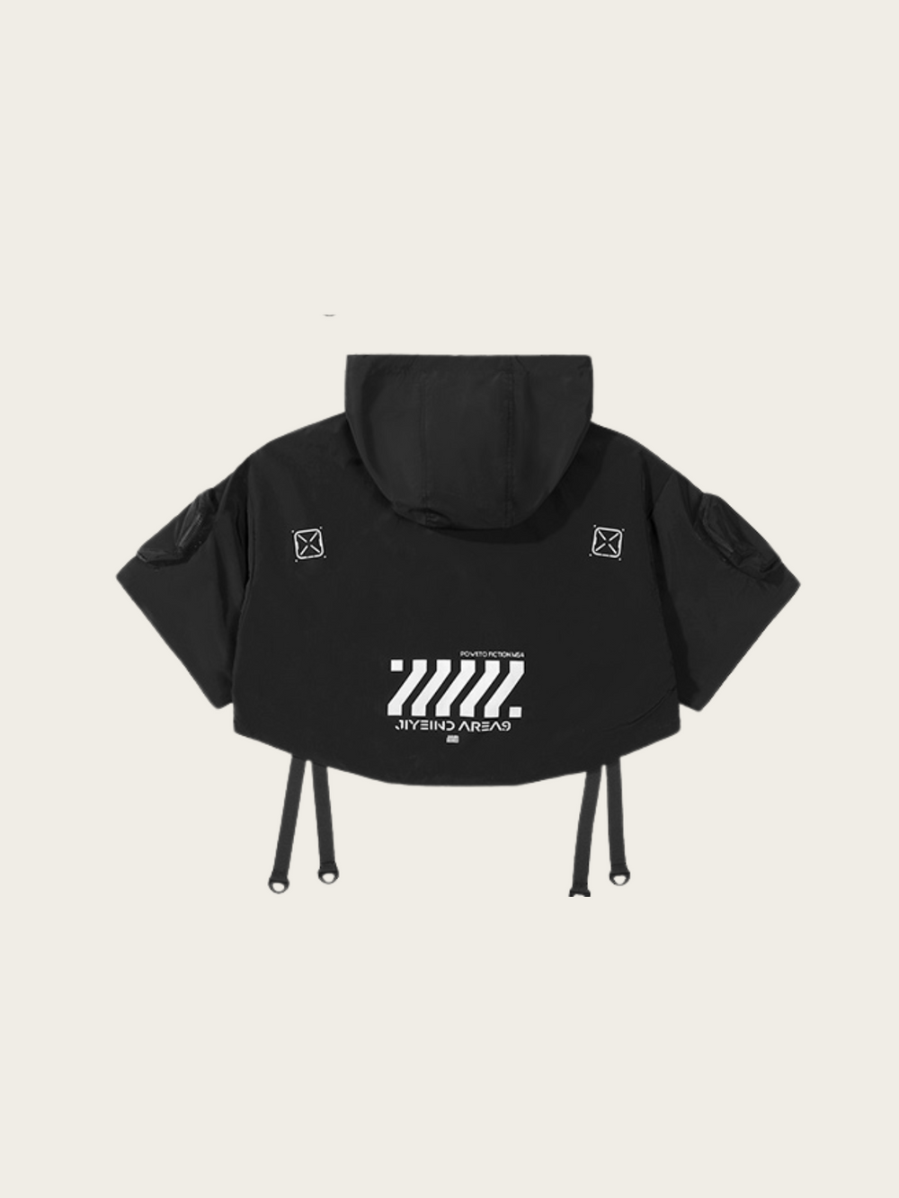 Black cropped hoodie with brand logo on a light beige background