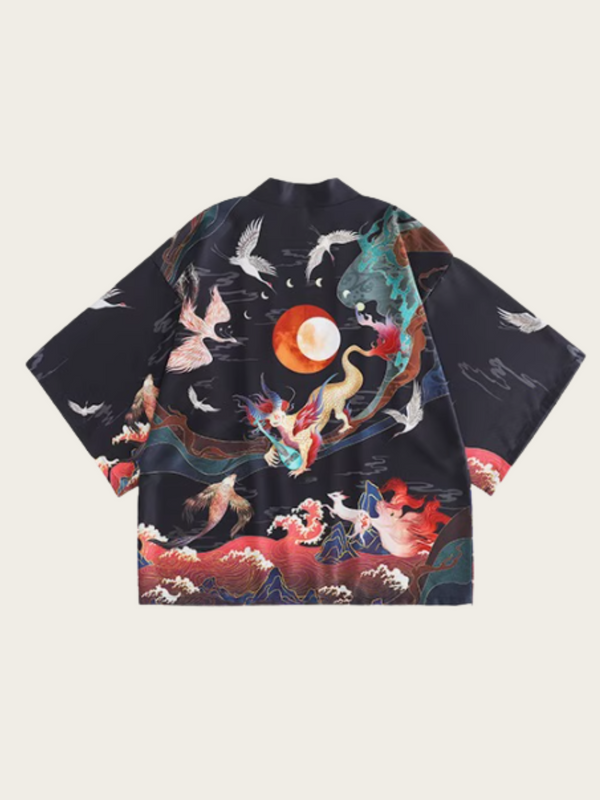Mythical Crane & Dragon Kimono Jacket – Celestial Wave Pattern