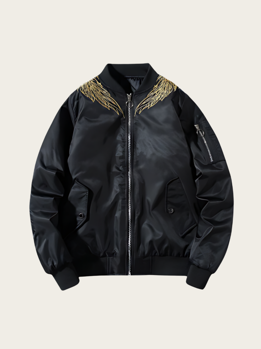 Black bomber jacket with gold accents on a beige background