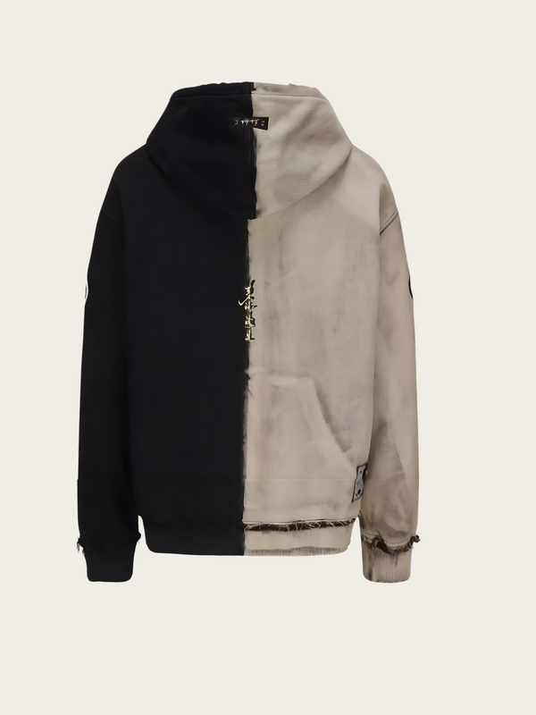 Hoodie with black and beige split design on a white background