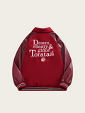Red jacket with white text on a beige background