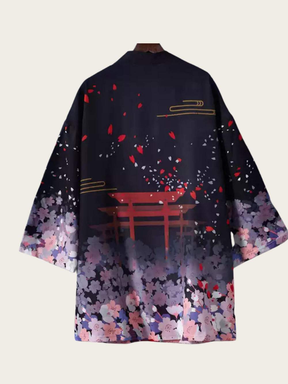 Torii Gate & Sakura Kimono Cardigan – Black Japanese Haori Jacket
