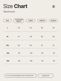 Size chart for clothing by Ruemood with measurements in centimeters.