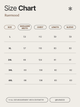 Size chart for clothing by Ruemood with measurements in centimeters.