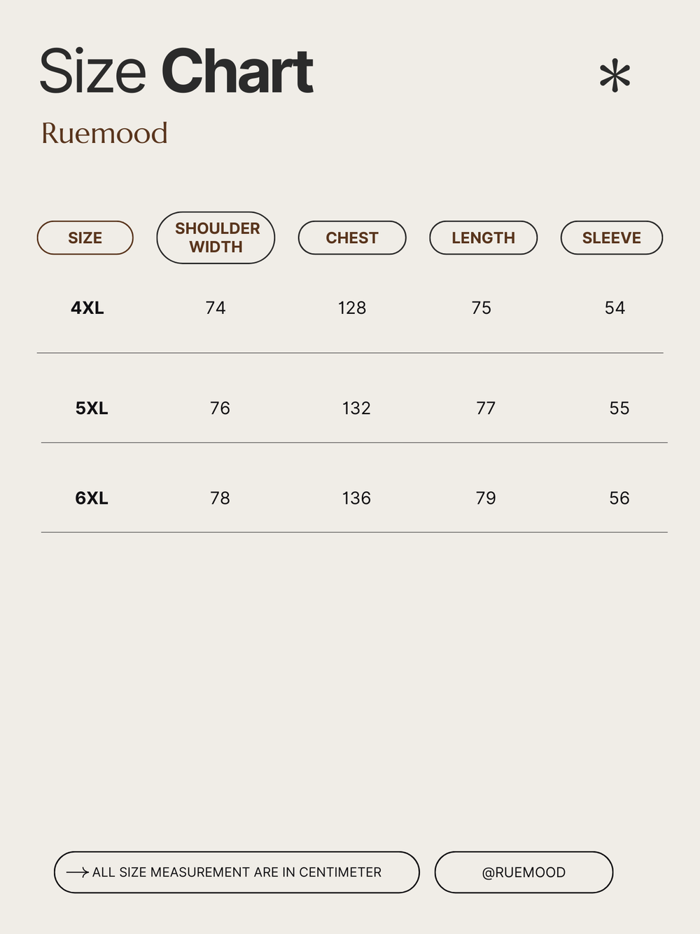Size chart for clothing by Ruemood with measurements in centimeters.