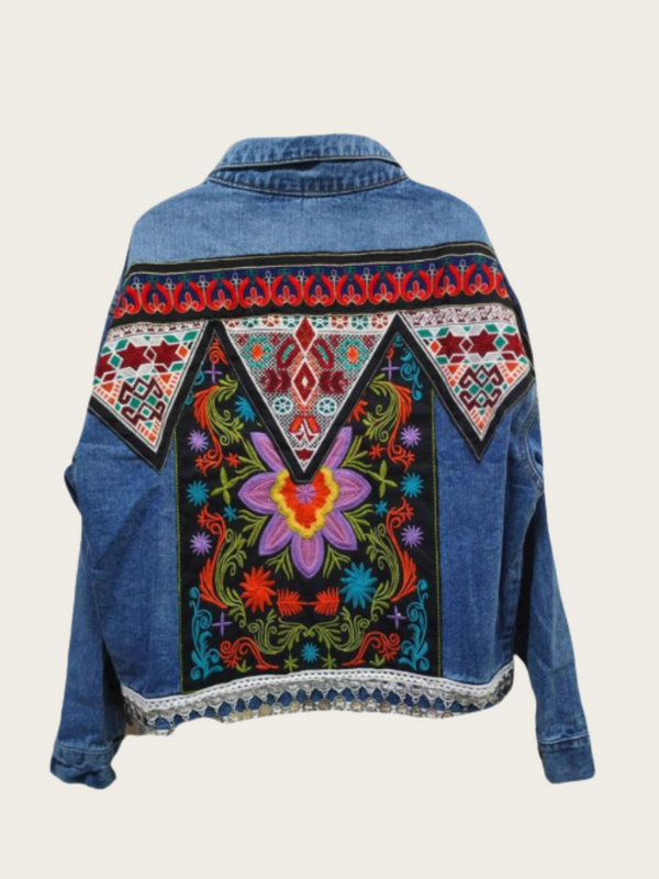 Boho Embroidered Denim Jacket – Colorful Statement Outerwear