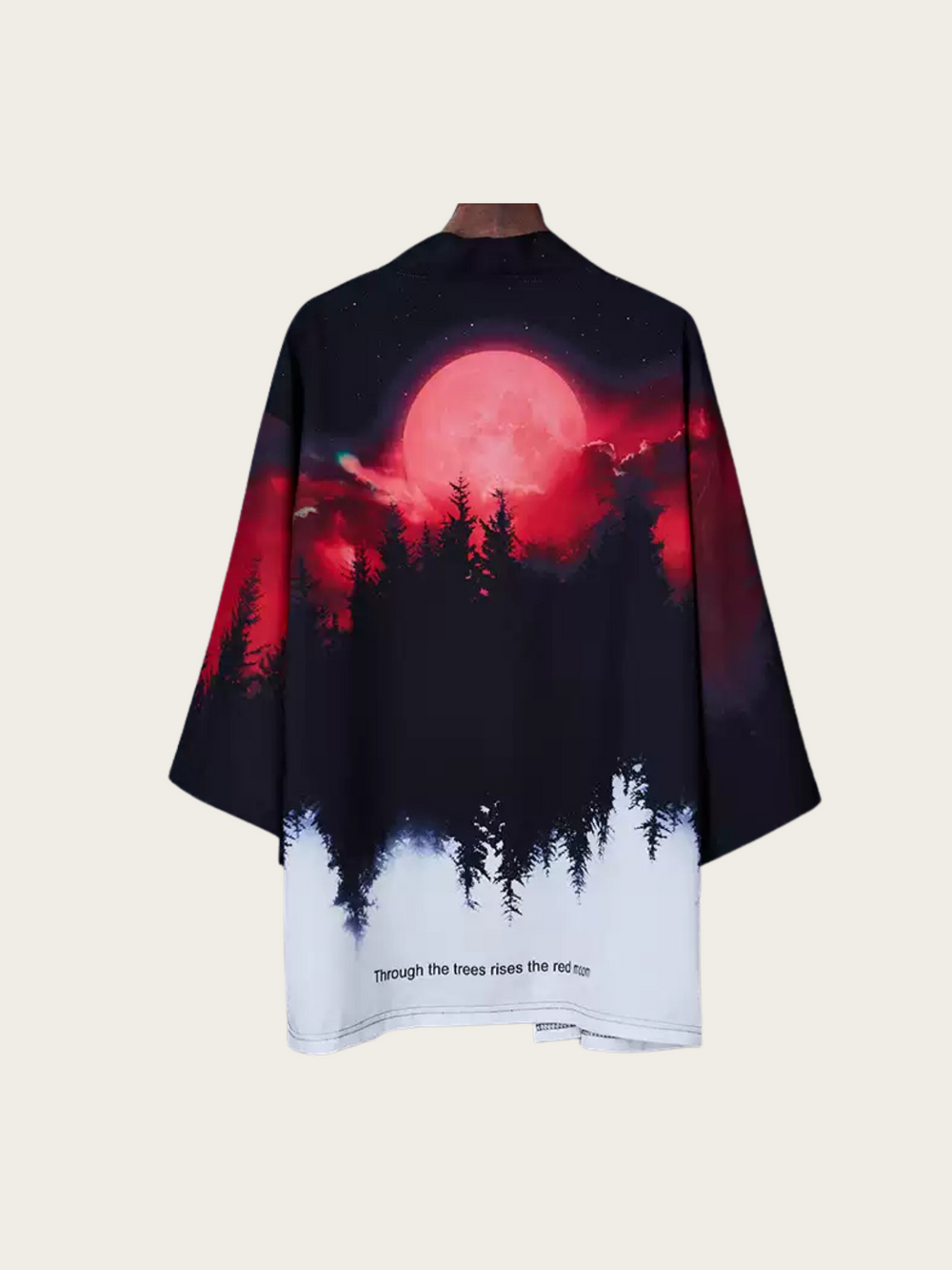Red Moon Forest Kimono – Dark Aesthetic Unisex Haori with Night Sky Print