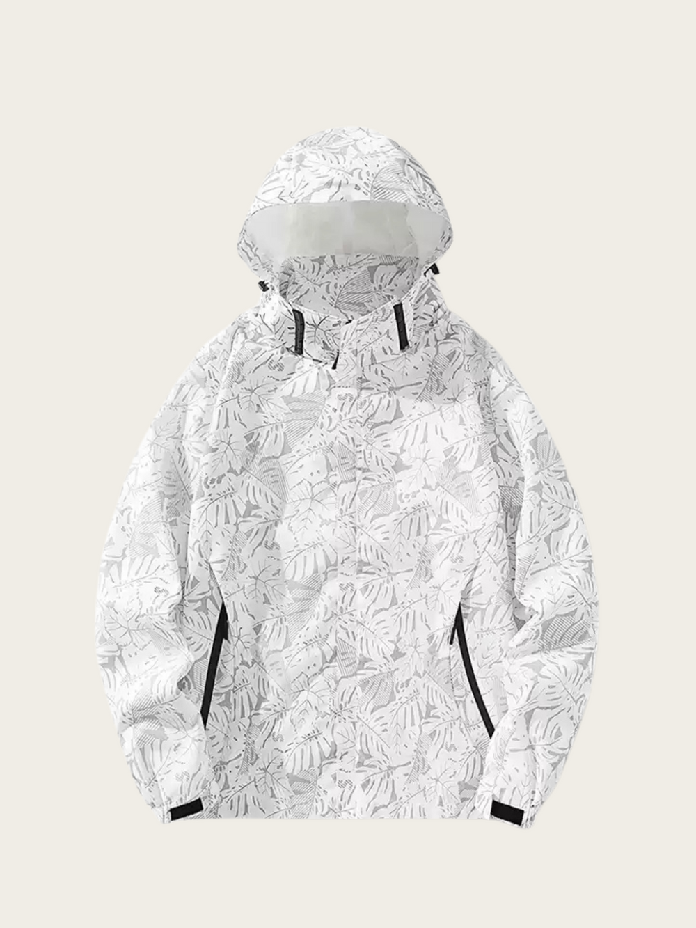 White patterned jacket with a hood on a light gray background