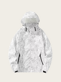 White patterned jacket with a hood on a light gray background