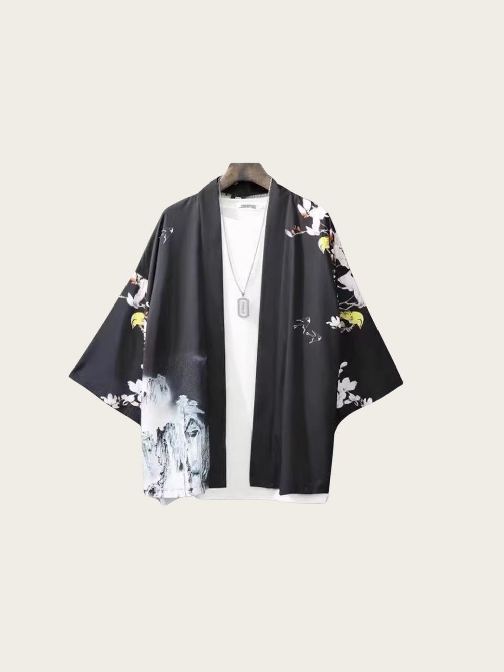 Black and White Feather Crane Kimono Jacket