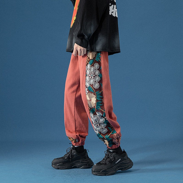 Side Floral Embroidered Streetwear Pants - Medium