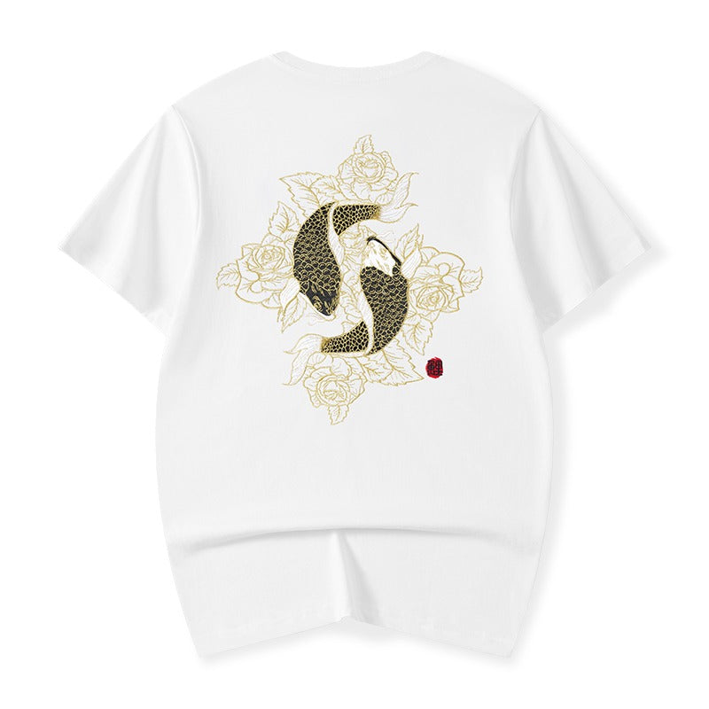 Embroidered Twin Koi Japanese T Shirt - 4XL
