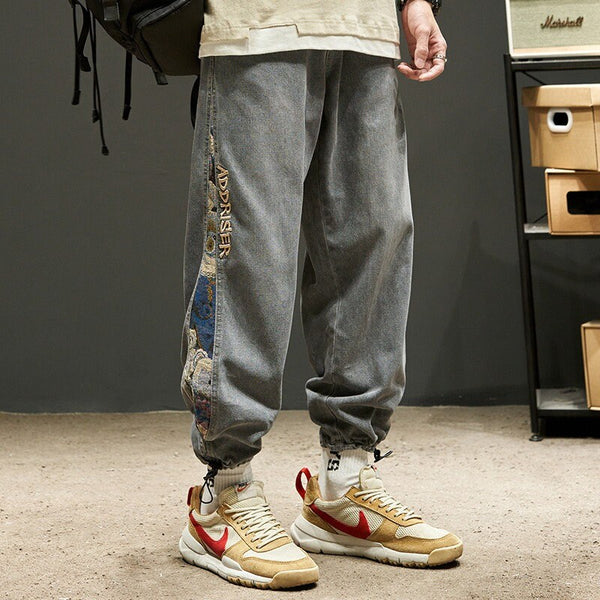 Embroidered Bear Japanese Pants - #0000ff:Blue