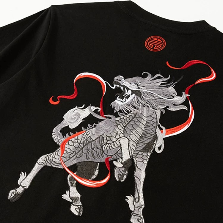 Embroidered Flaming Dragon Japanese T Shirt - XL