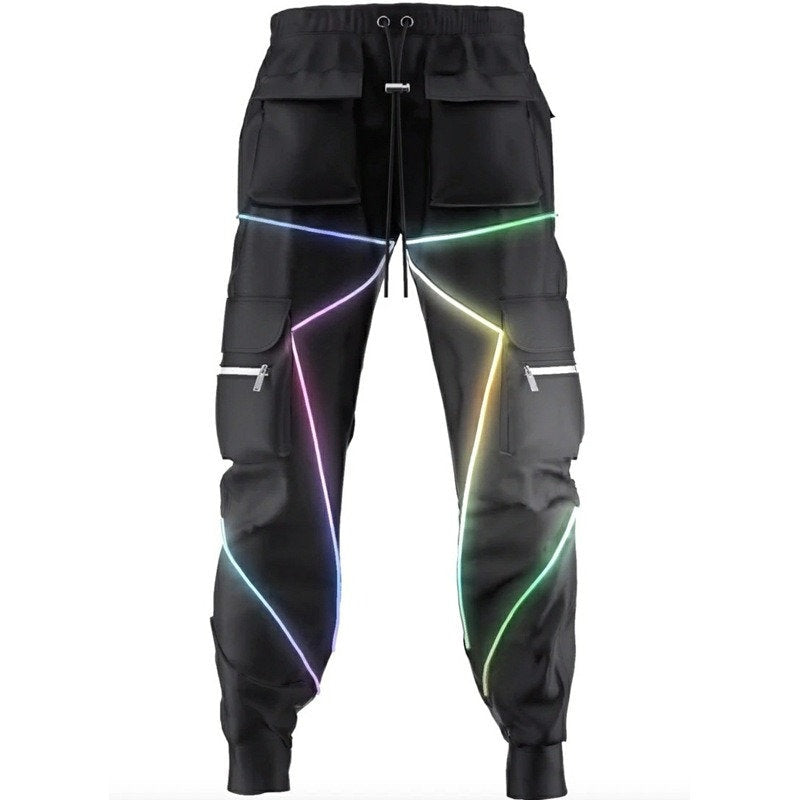 Reflective Neon Strip Design Japanese Style Pants - #ffffff:White
