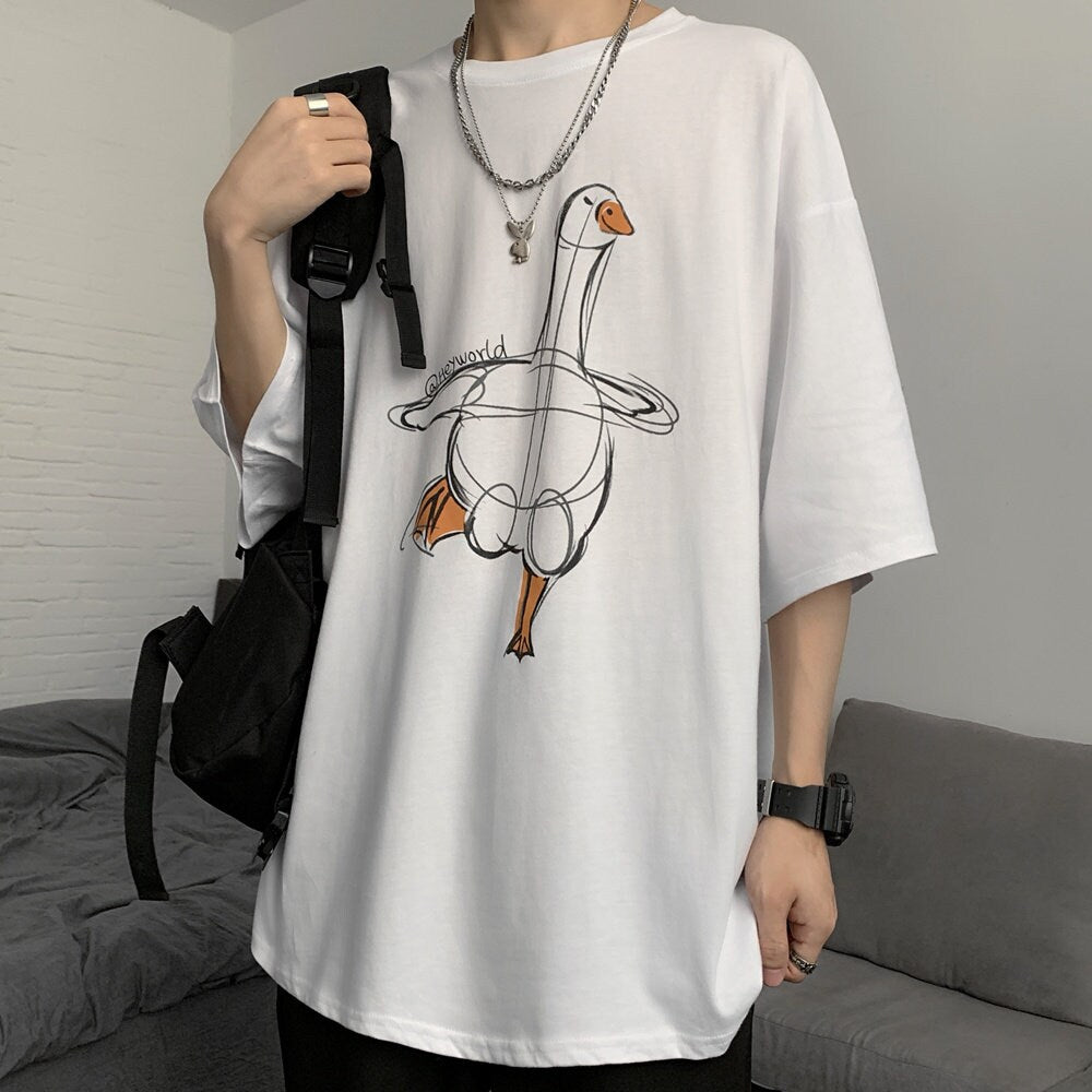 Duck Sketch Printed Japanese T Shirt - #808080:Gray