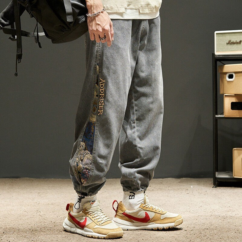Embroidered Bear Japanese Pants - #0000ff:Blue