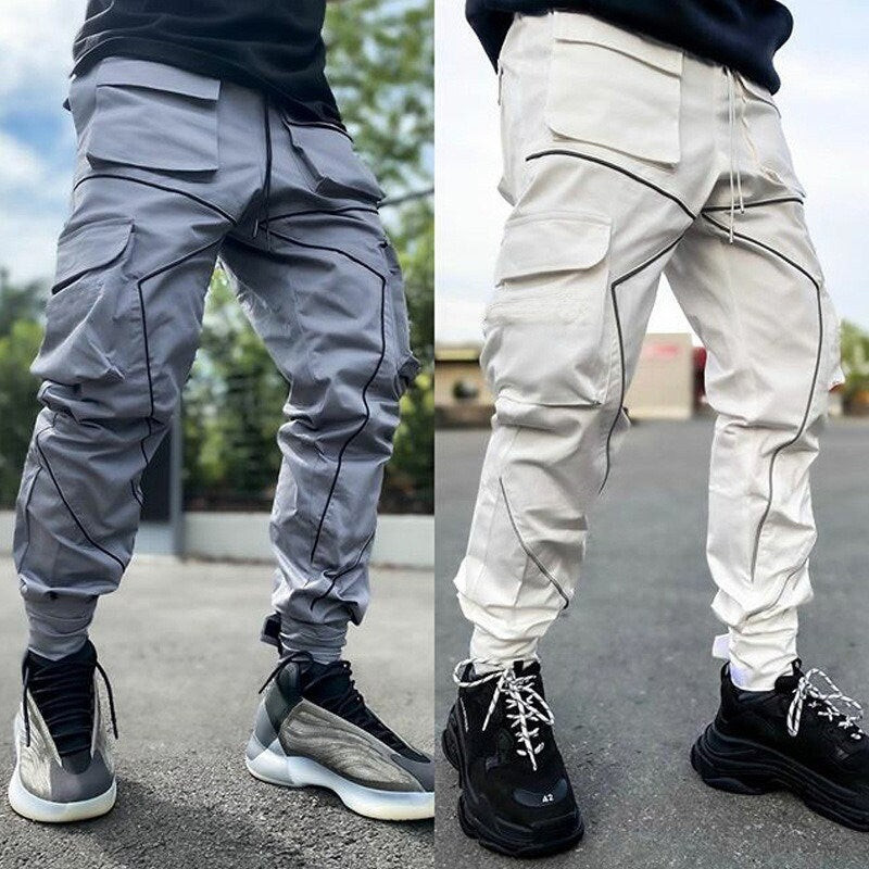 Reflective Neon Strip Design Japanese Style Pants - #ffffff:White