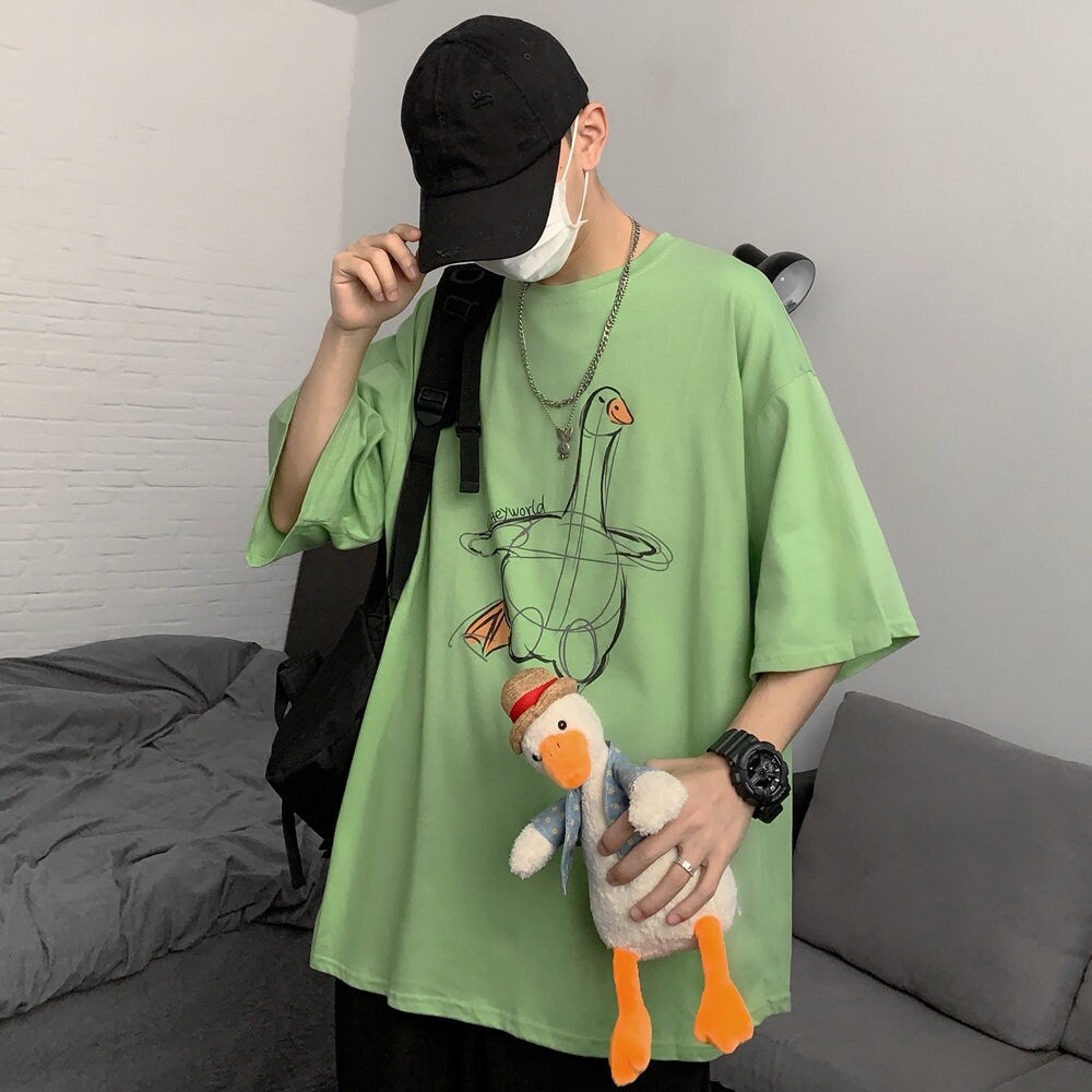 Duck Sketch Printed Japanese T Shirt - #008000:Green