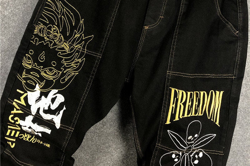 Monkey Head Embroidered Denim Style Japanese Pants - 34