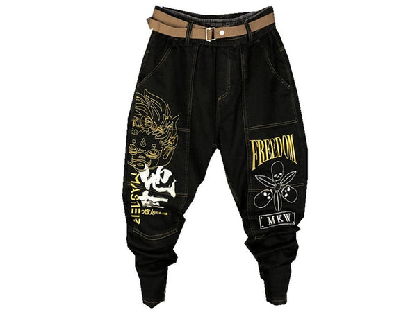 Monkey Head Embroidered Denim Style Japanese Pants - 29