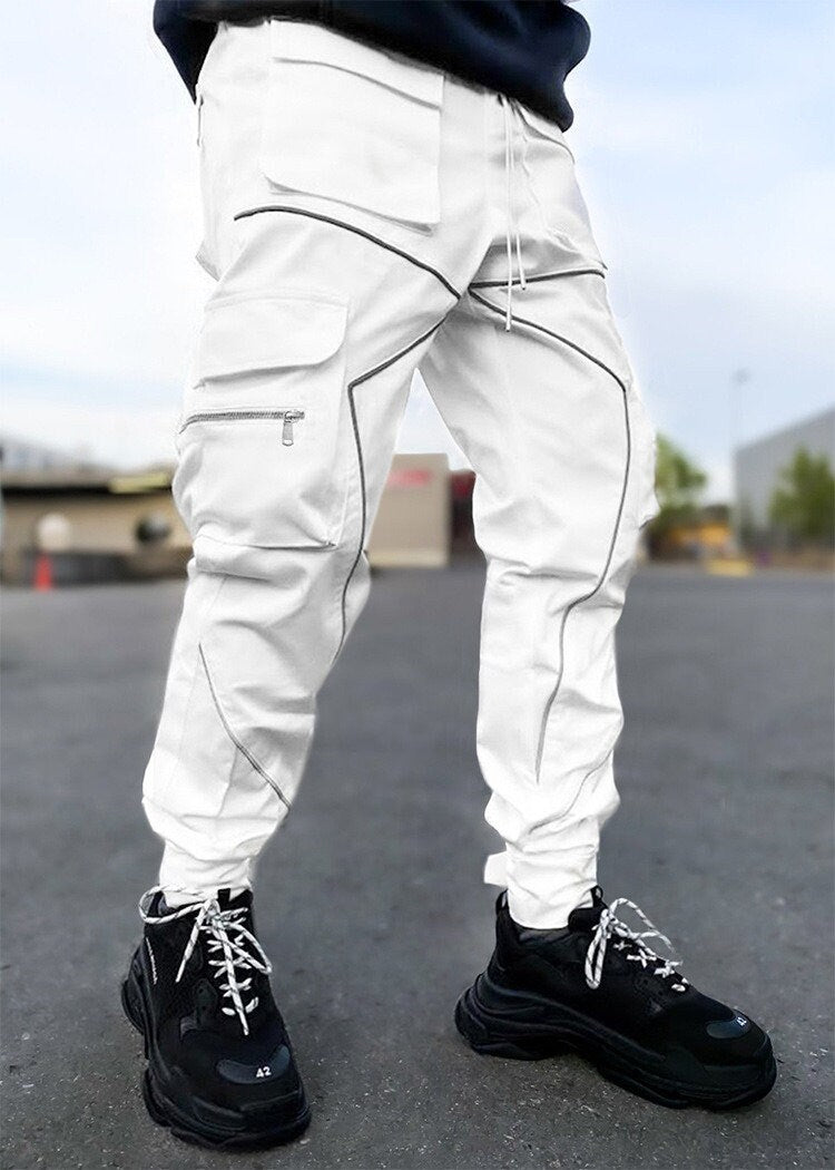 Reflective Neon Strip Design Japanese Style Pants - #808080:Gray