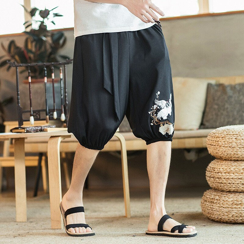 Red Crane Embroidered Japanese Short - #ffffff:White