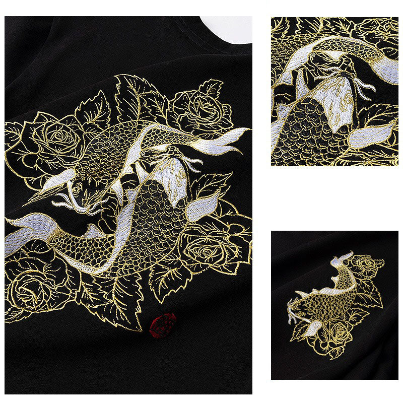 Embroidered Twin Koi Japanese T Shirt - 3XL