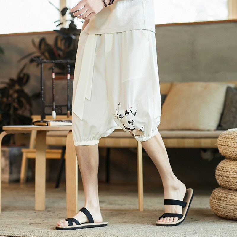 Red Crane Embroidered Japanese Short - #ffffff:White