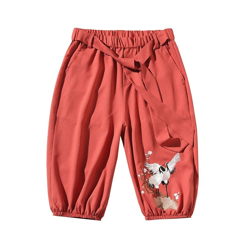 Red Crane Embroidered Japanese Short - #ffffff:White