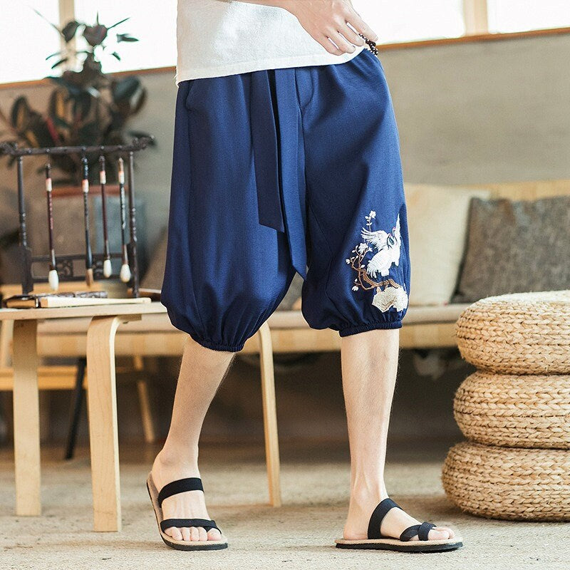 Red Crane Embroidered Japanese Short - #ffffff:White