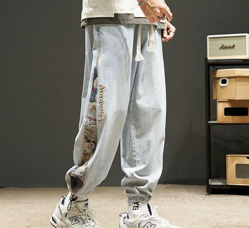 Embroidered Bear Japanese Pants - #0000ff:Blue