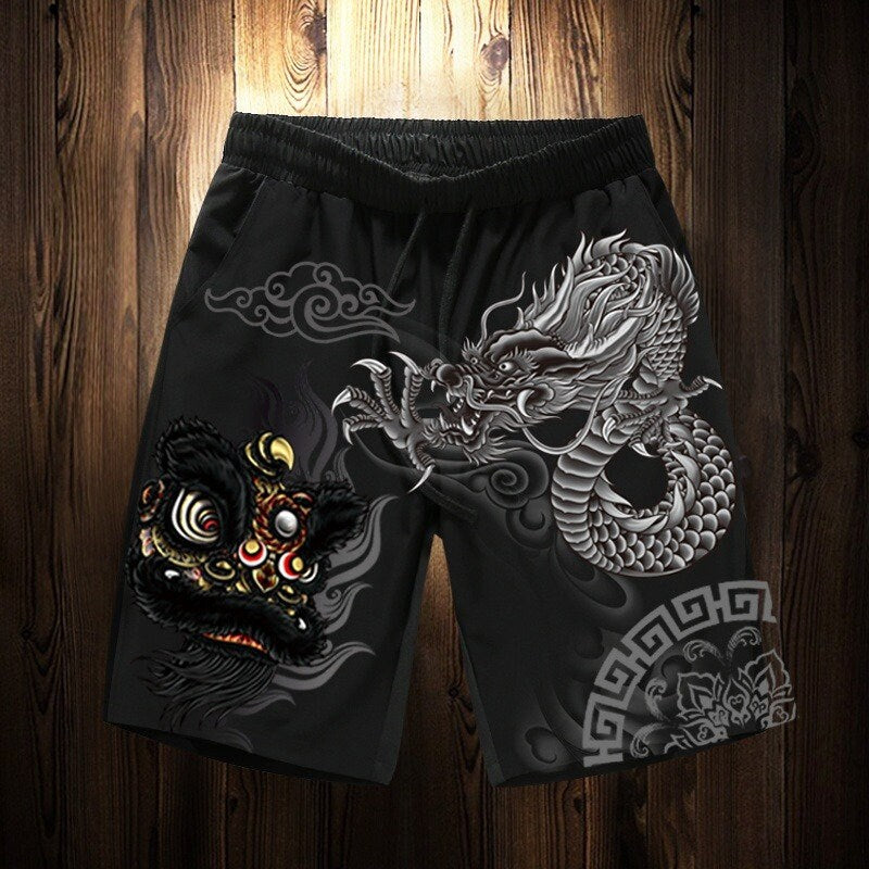 Printed Lion Dragon Japanese Shorts - Small